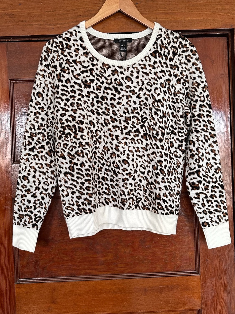 New Alison Sheri Leopard Print Knit Pullover Sweater Cream Brown Size XS